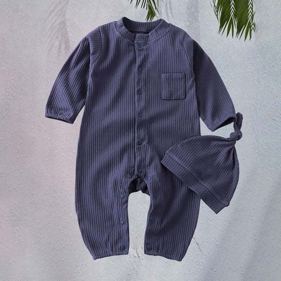 XIMIN Infant Boys Fall Clothes Newborn Baby Romper Hat Stripe Knit Long Sleeve Bodysuit Jumpsuit Baby Going Home Outfit