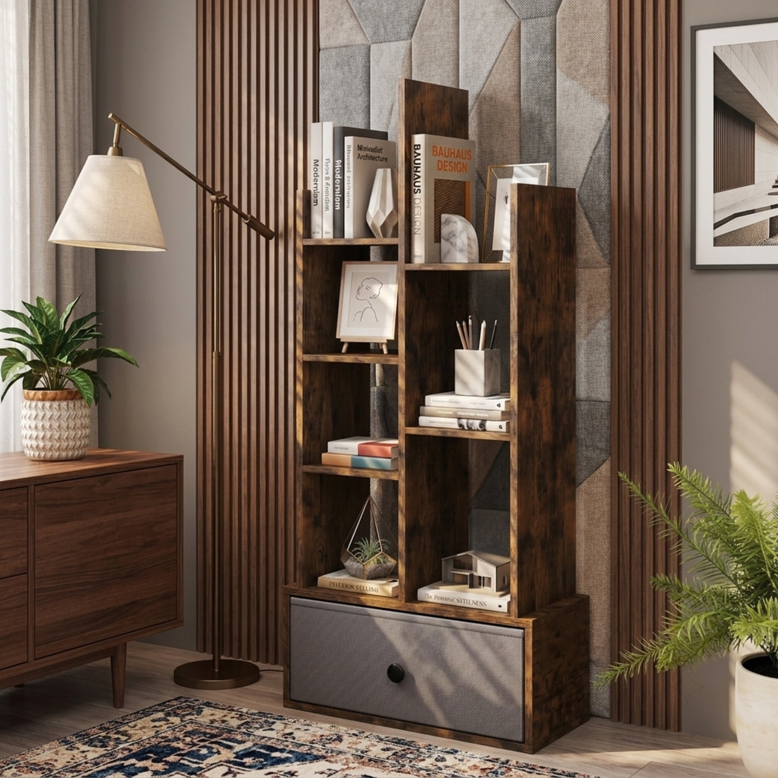 Furnibear 7-Tier Open-Back Tall Bookshelf with Fabric Drawer and Anti-Toppling Kits Freestanding Wood Storage for Home Office, Rustic Brown