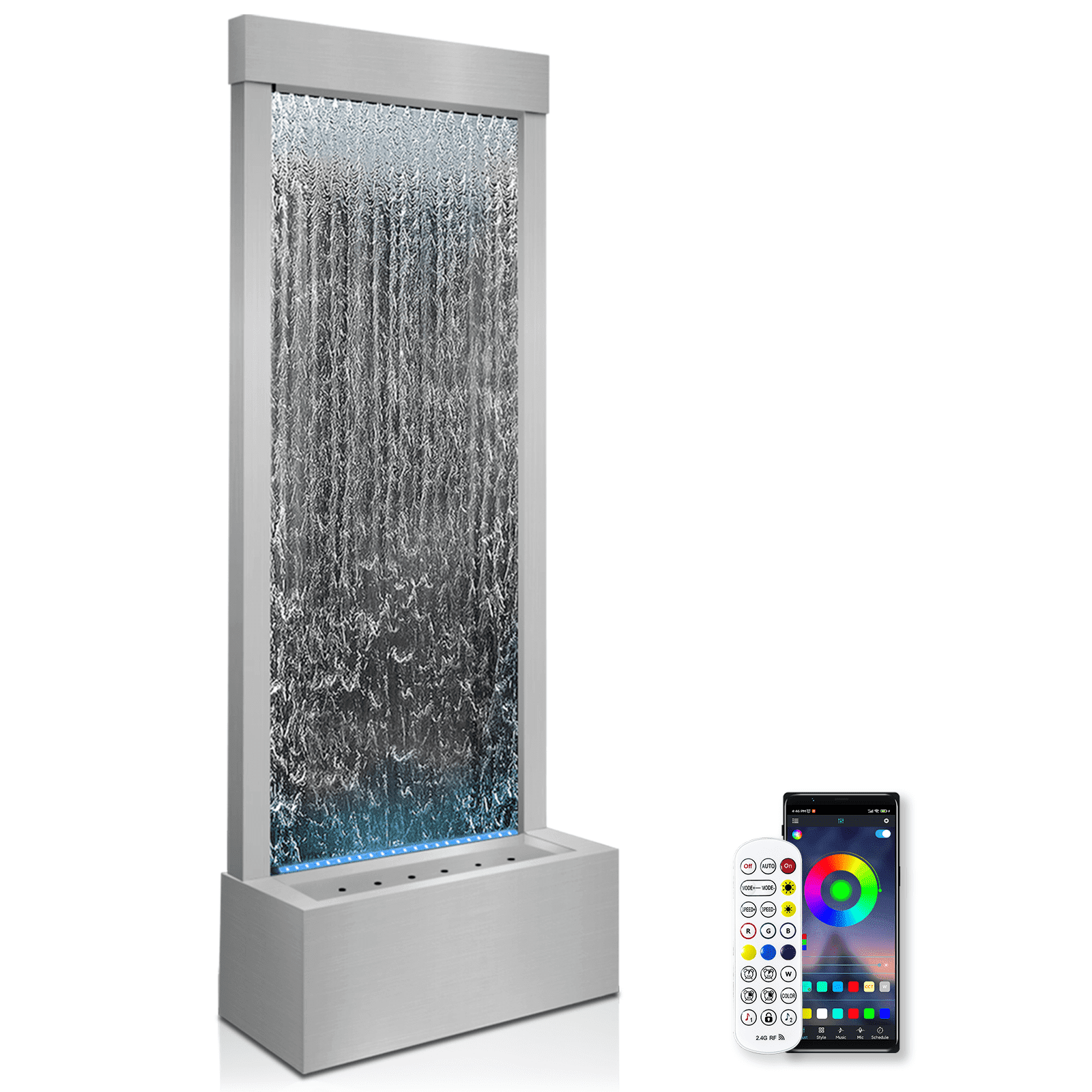 LONGRUN Mirror Waterfall Fountain Indoor, 48" Water Feature With 7 Colors Light, Self-Contained LED Kit, Large Stainless Steel Home Decor