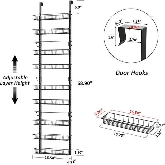 Over the Door Pantry Organizer Rack with 9 Adjustable Baskets, Dual-use Spice Rack Organizer, Black