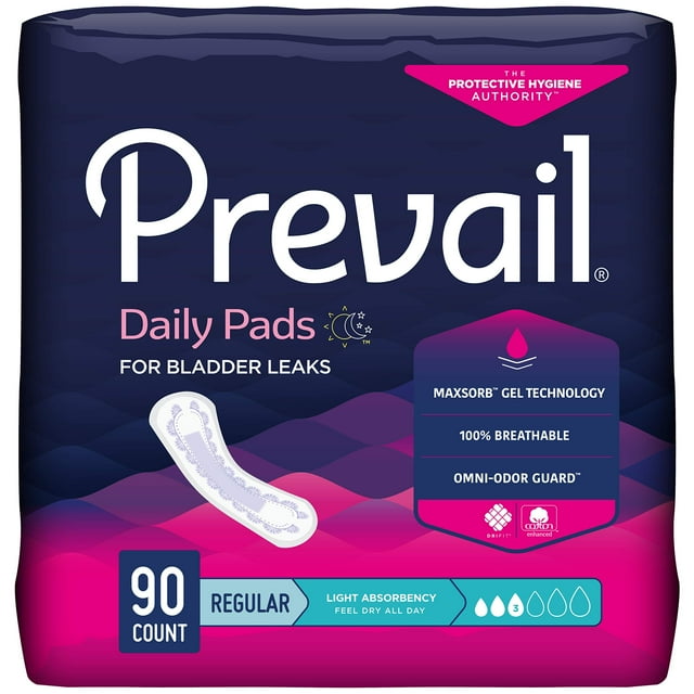 Prevail Proven - Serviettes de Contrôle de l'Incontinence Prevail - Serviettes pour Fuites Urinaires - Absorption Légère, Régulier, 90 Unités (3 Paquets de 30)