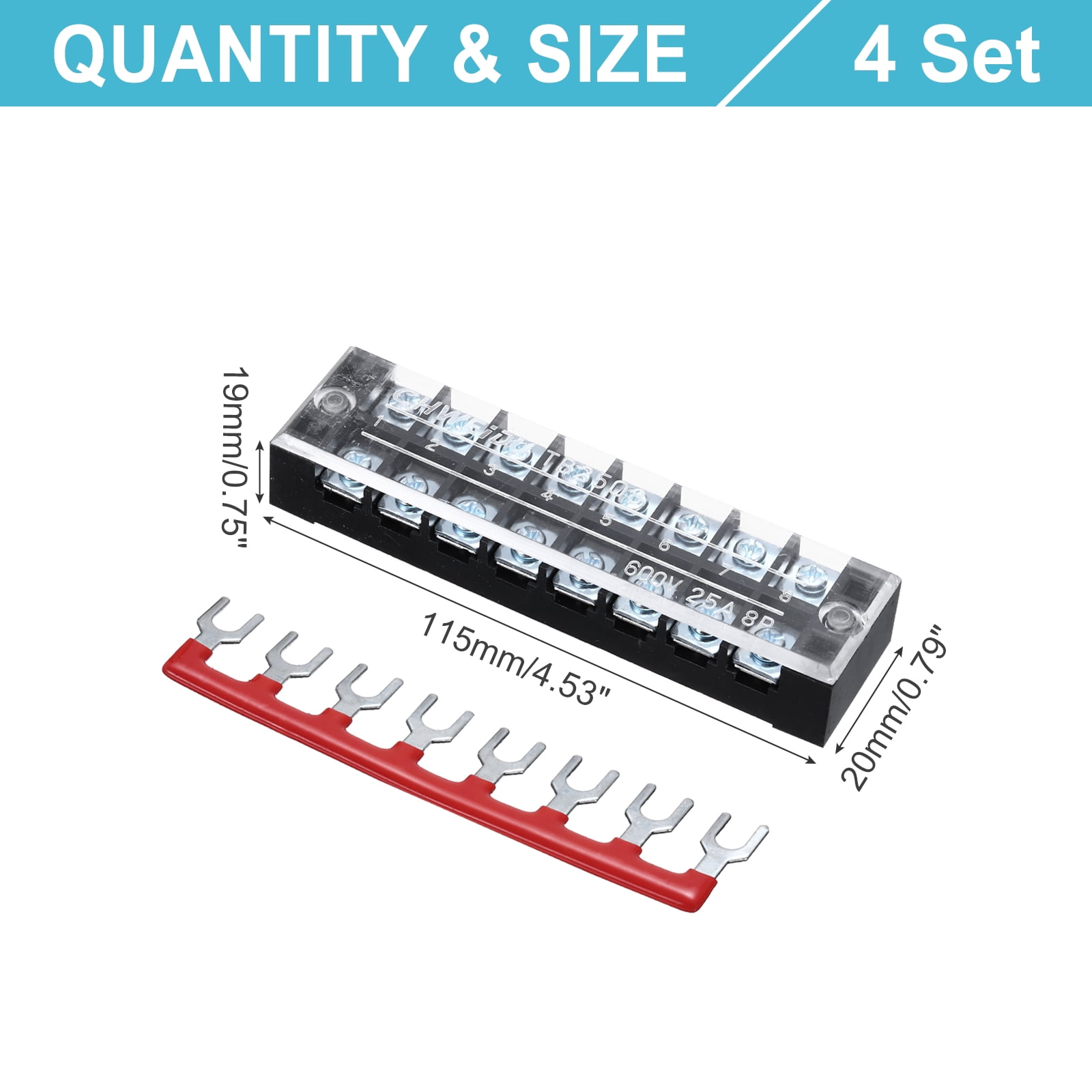 Uxcell 4 Pcs Dual Row Terminal Block, 600V 25A 8 Positions Screw Terminal Block with 4PCS Pre-Insulated Barrier Strips for Power System, Home Appliances