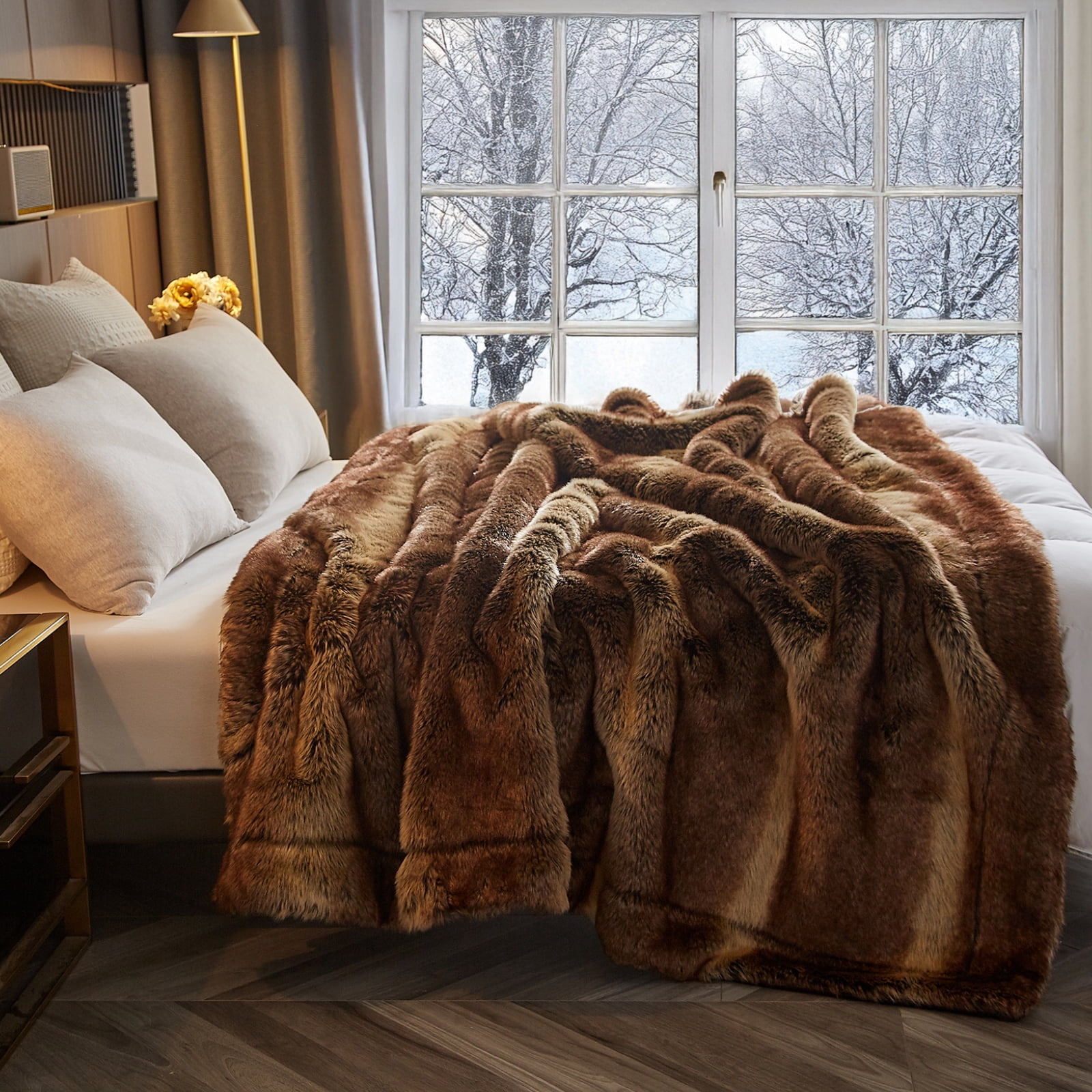Cozylore Luxury Faux Fur Throw Blanket for Bed Super Thick Warm Long Fluff Fuzzy Blankets for Bedroom Living Room, 90" x 108", Brown