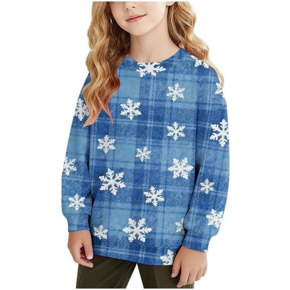 Lorytime Girls Sweatshirts for Kids Boys Christmas Snowflakes Plaid Shirt Crew Neck Long Sleeve Pullover Cute Tops Blue
