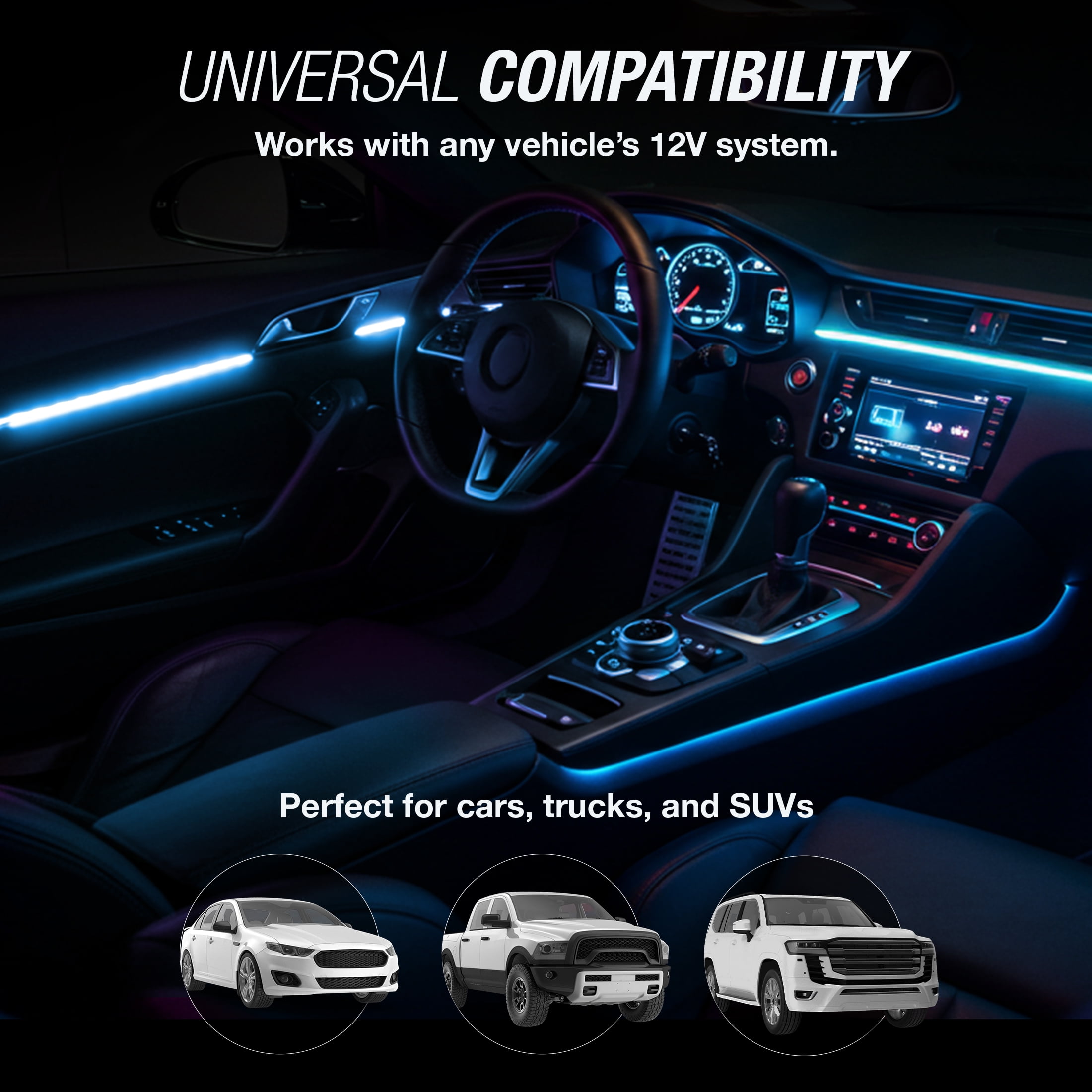 TYPE S - Infinite Glow Blue LED Ambient Lighting - Car LED Strip Lights, Light Sync Technology, 3M Adhesive, Trimmable, 12V, 2 x 12" Blue Strips, 24 inches
