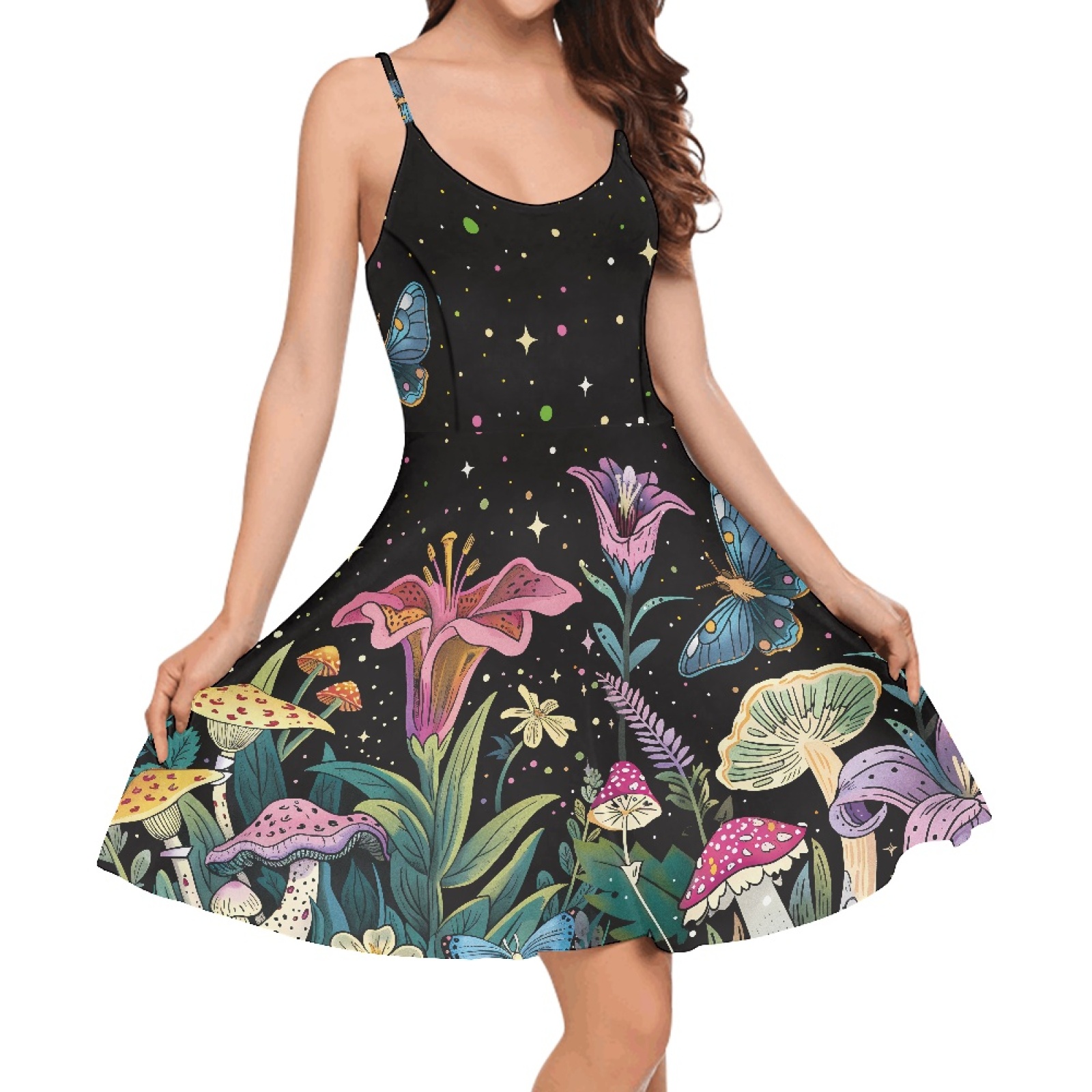 Jeiento Sleeveless Dresses for Women Soft Swing Flared Summer Party Fashion Midi Dress with Spaghetti Strap Great Gift for Teen Girls Size M, Aesthetic Mushroom