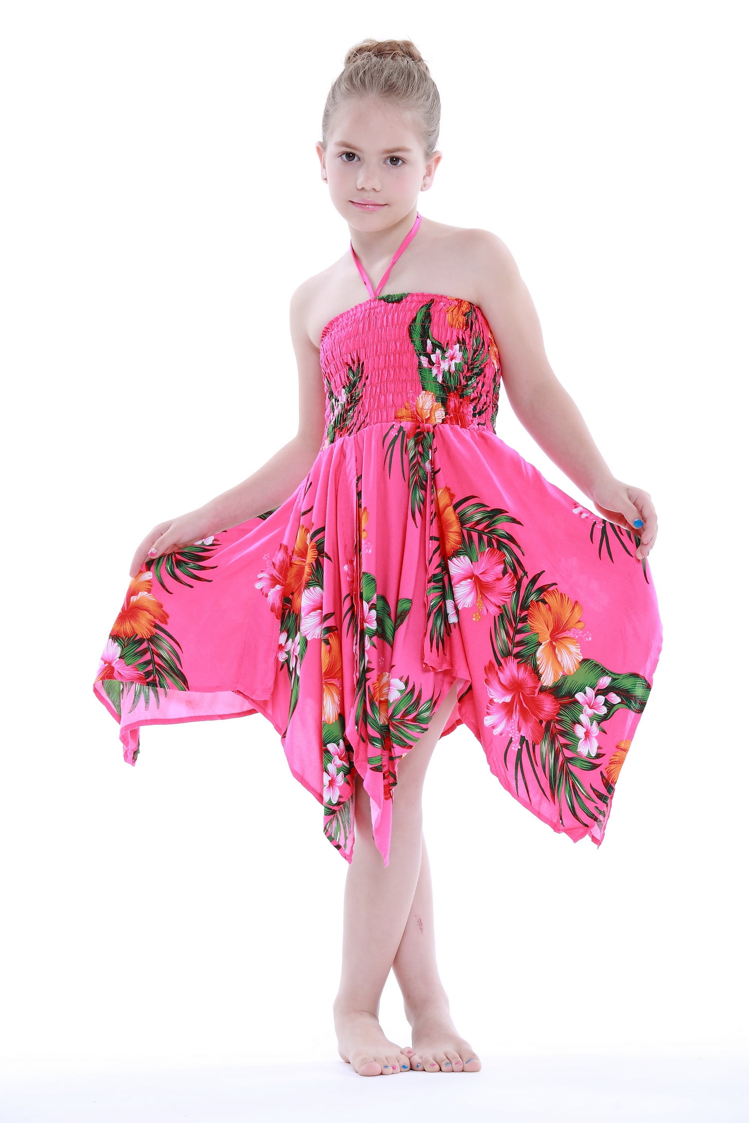 Girl Gypsy Uneven Button Hawaiian Luau Dress in Hot Pink Floral 12 -  