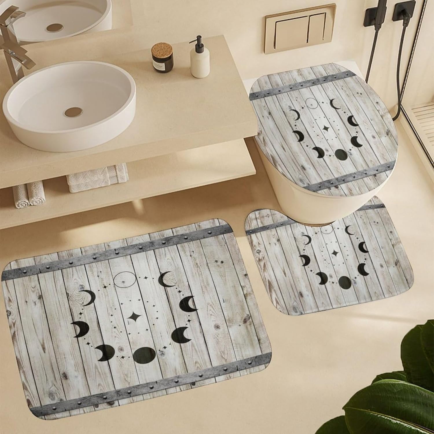 Country Barn Door 4 Pcs Shower Curtain set Bathroom Set Rustic Farmhouse Wooden Board Full Moon Shower Mat Shower Curtain with Rug 12 Hooks,72" W x 72" L