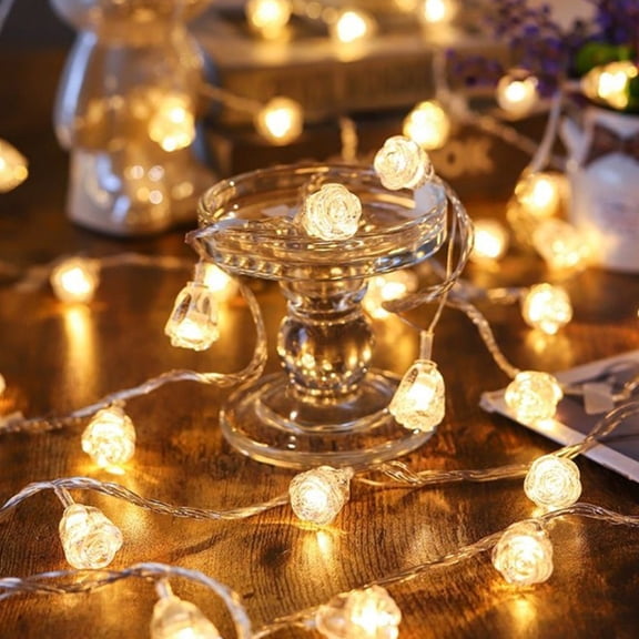 Rose Fairy Lights, 10 LED Battery Operated Flower String Warm White Glowing Flexible Bending Cord, Soft Accent Lighting for Bedroom Nightstands Wedding Table Vases Winter Parties