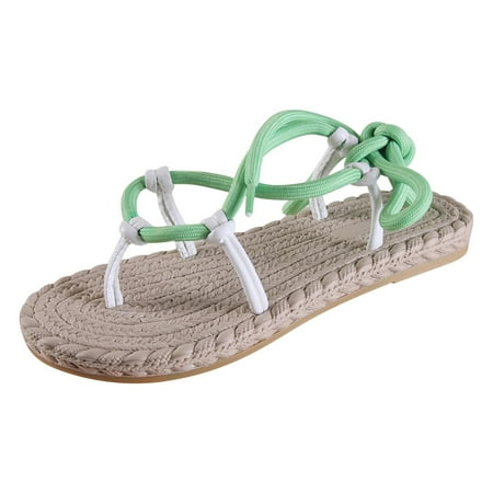 

TUOBARR Flat Sandals for Women Summer Ladies Shoes Flat Heel Rope Sandals Casual Roman Women s Strapped Sandals Green