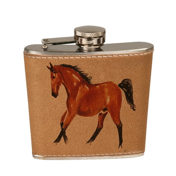 KuzmarK 6 oz. Leather Pocket Hip Liquor Flask - Abstract Bay Warmblood Horse Equine Art by Denise Every