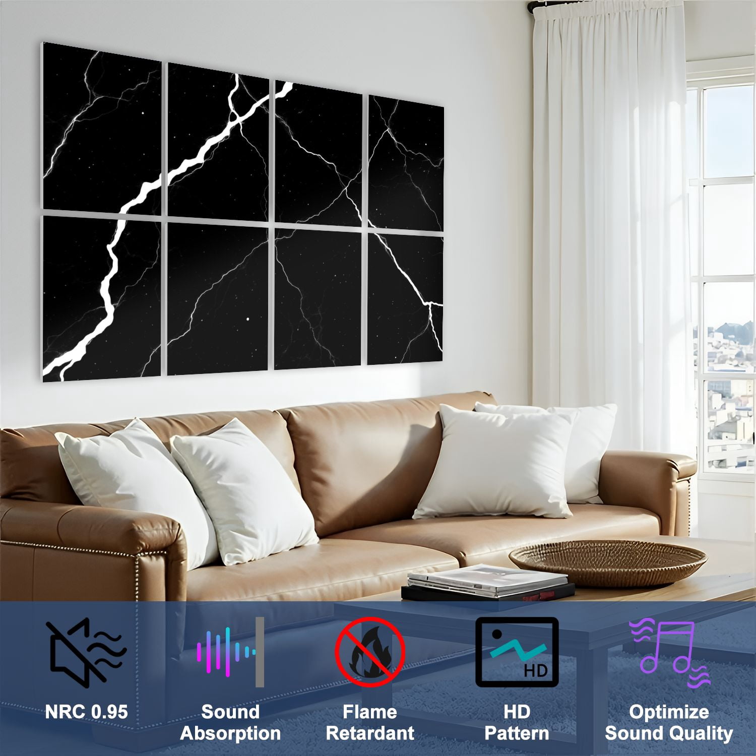 8 Pack Art Acoustic Panels Sound Absorbing Black Marble White Veins Abstract Design Decorative Soundproof Wall Panels Self Adhesive for Nursery Game Room Bedroom 48"x32"