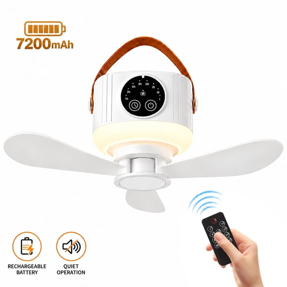 Merryhome 2 in 1 Portable Camping Fan with Light, 7200mAh Rechargeable Tent Fan with Remote, Digital Display, 4 Speeds, 4 Timer Settings, LED Lantern for Camping RV Travel, White