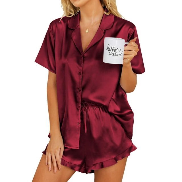 Conjunto de pijama de seda Ekouaer para mujer de manga corta con botones