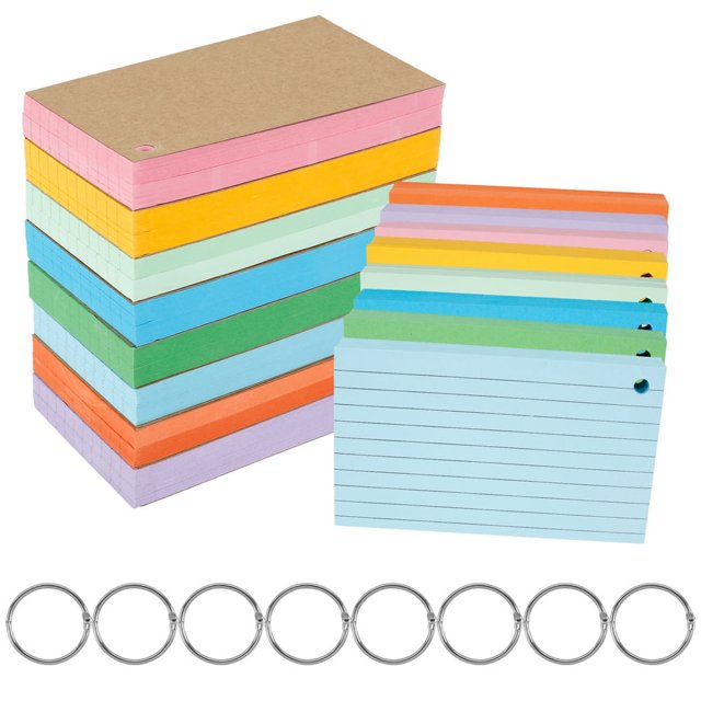 MesaSe 8 Pack 800 Pcs Lined Index Cards 3 x 5 Inches Ruled Study Cards with 8 Stainless Steel Binder Rings Colored Flash Cards Double Sided Revision Cards