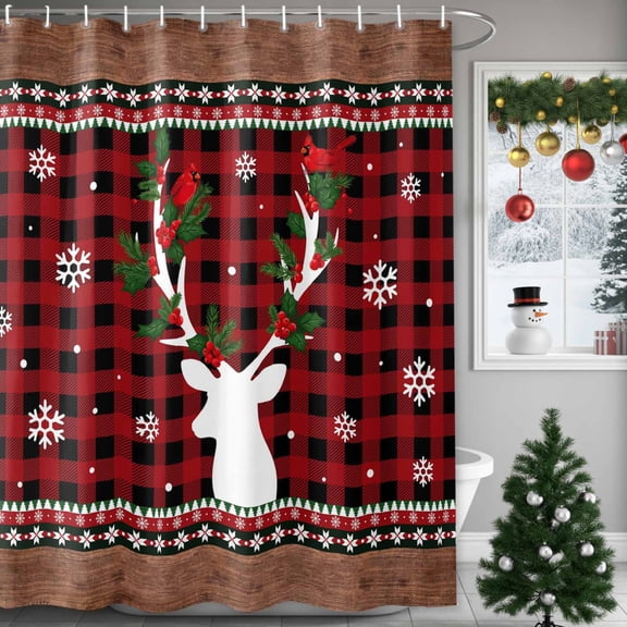 Christmas Deer Shower Curtains for Bathroom, Snowflake Cardinal Berry Leaf Plaid Waterproof Fabric Shower Curtain for Bathroom Bathtub Decoration, Machine Washable, 54x"78"