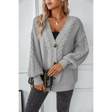 KOITHOT Womens Cardigan Cable Knit Sweater Button Down Loose Oversized Cardigans