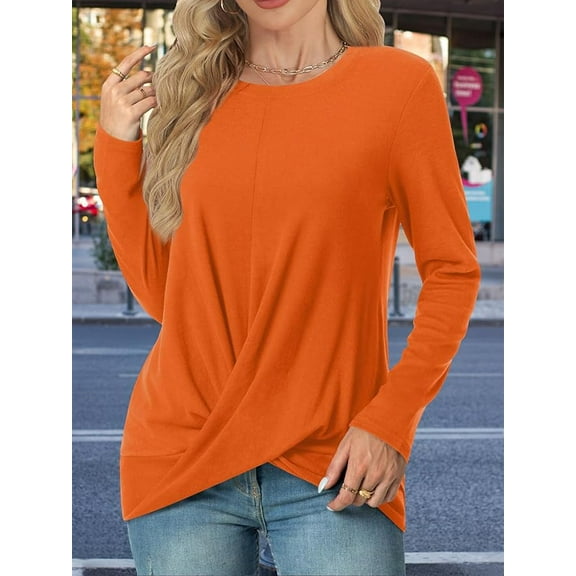 Women's Long Sleeve Top, Round Neck Casual Loose T-Shirt, Basic Front Ruched Blouse