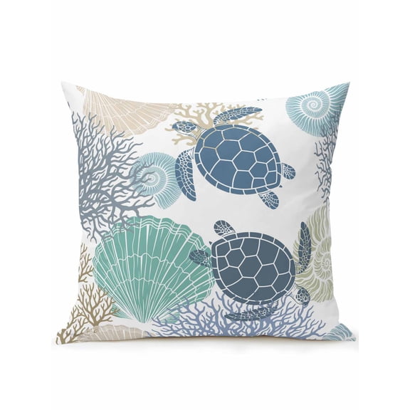1 Pack Outdoor Throw Pillow, Ocean Turtle Waterproof Pillow with Insert Included, Nautical Sea Coral Conch Shells Watercolor Decorative Accent Cushion Sofa Pillows for Patio Porch, 18 x 18 In