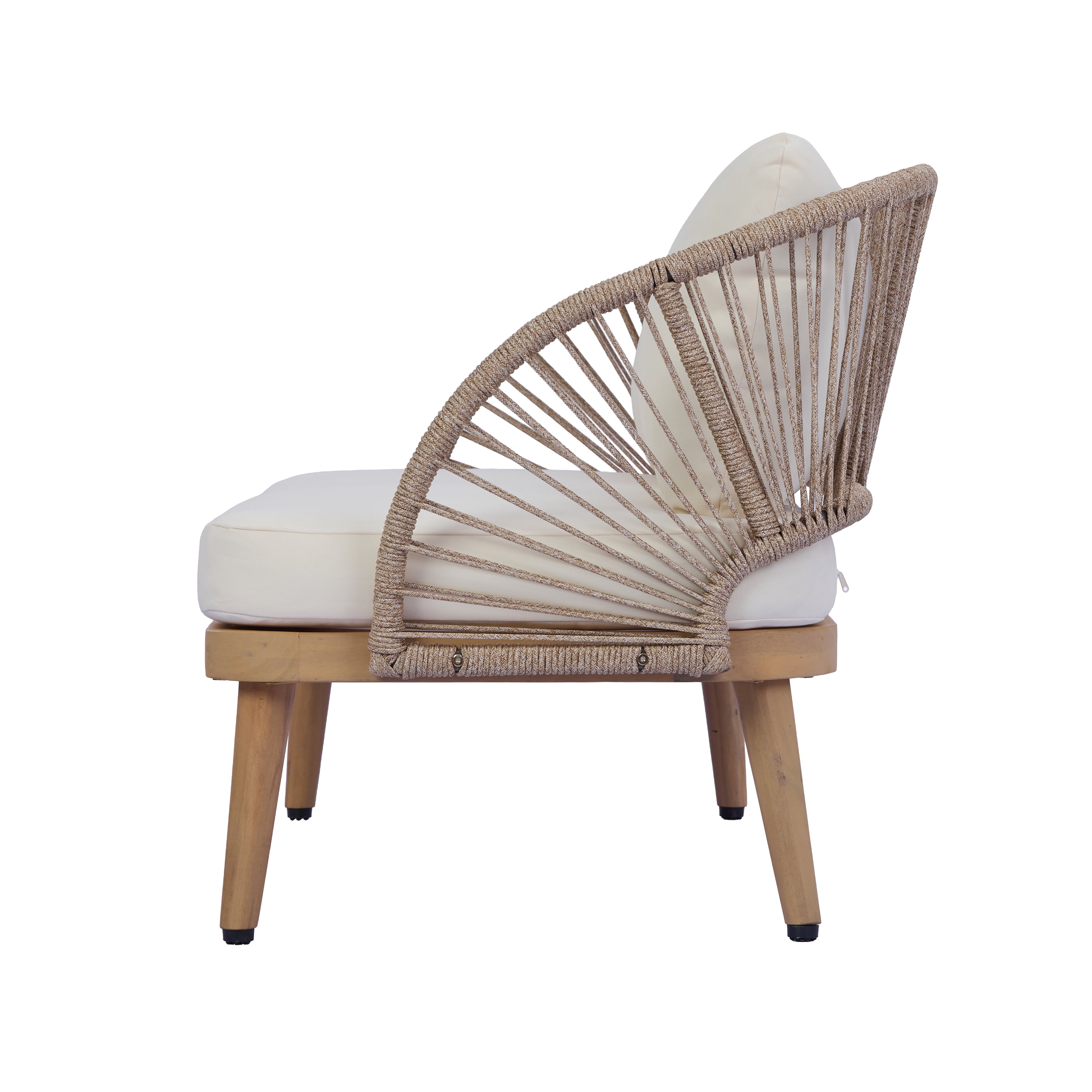Tub Style Club Chair, Acacia Wood Outdoor Chair with Handwoven Rope Accents for Patio, Teak and Cream
