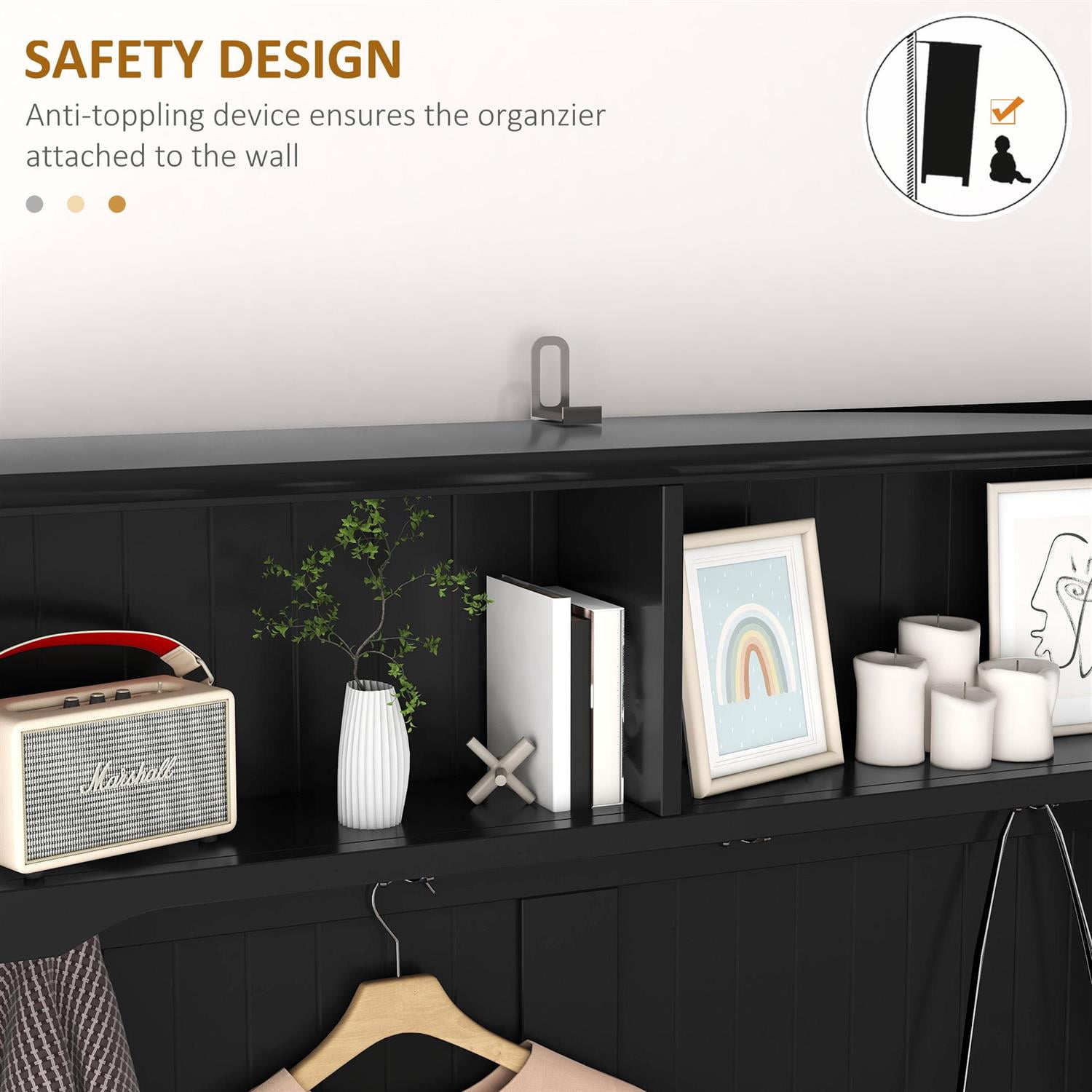 Demi Bonn 67" Hall Tree Bench with Coat Rack and Shoe Storage for Entryway and Mudroom, Padded Seat and Multi-Functional Storage for Hallway, Black