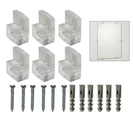 

6 Transparent Mirror Wall Mounting Kit Set Clear Clips Brackets Screws Anchors