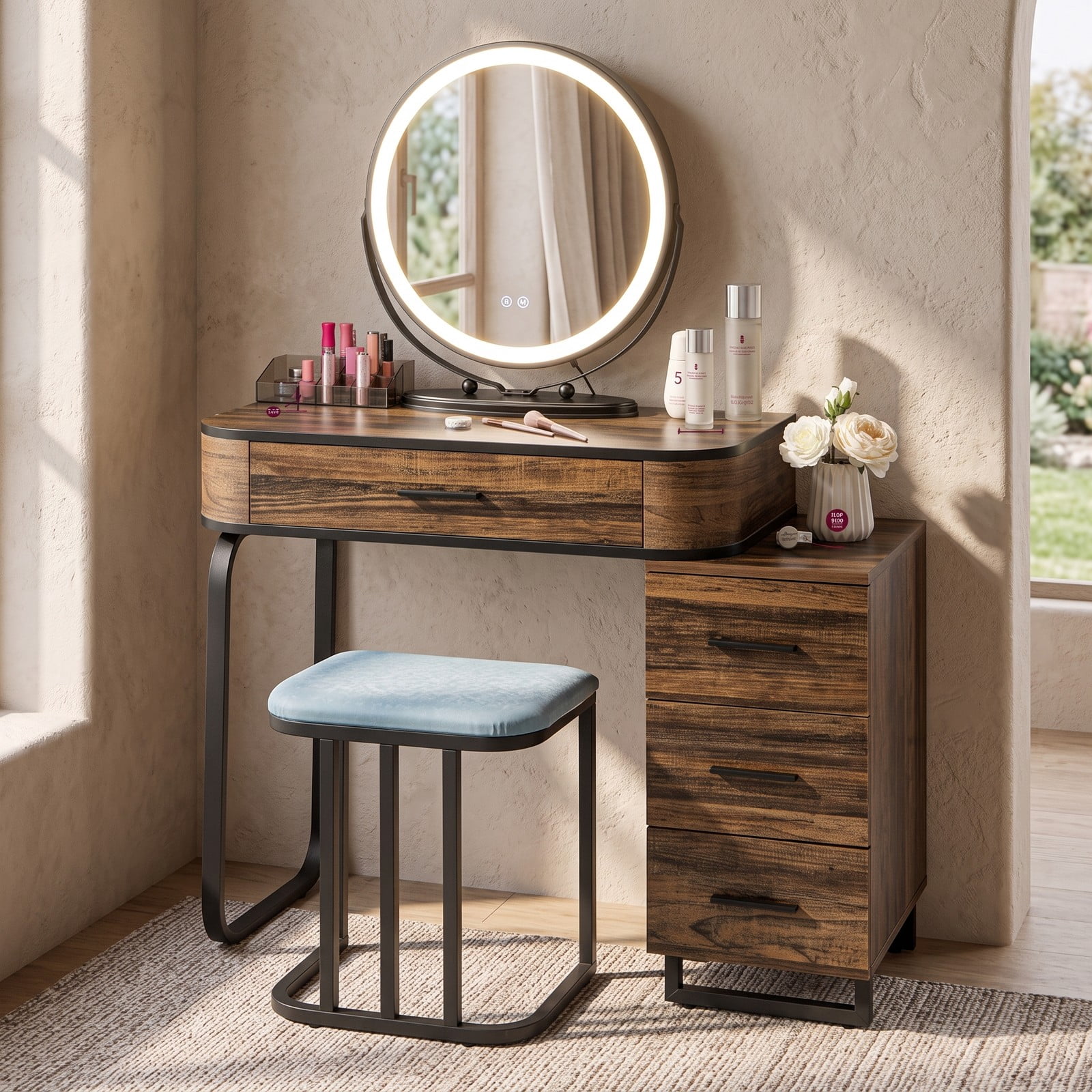 Furnibear Vanity Table Set with Lighted Mirror and Wireless Charging Station and 3 Drawer Chest and Cushioned Stool, Brown