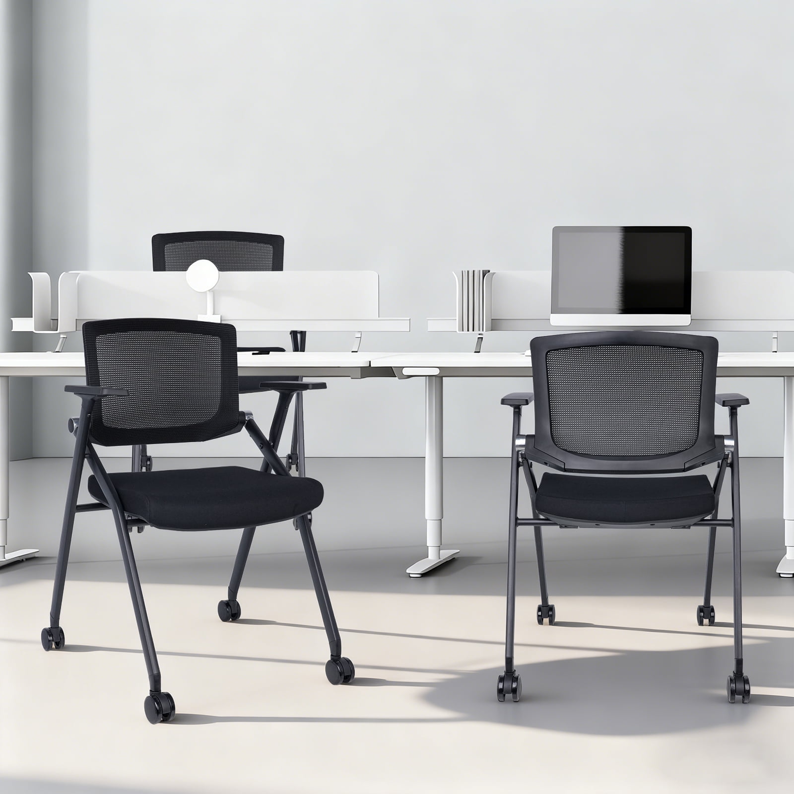 Upgraded Folding Office Chair Stackable Conference Room Chairs with Wheels and Padded Mesh Back Ergonomic for Reception Meeting, 2 Pack Black