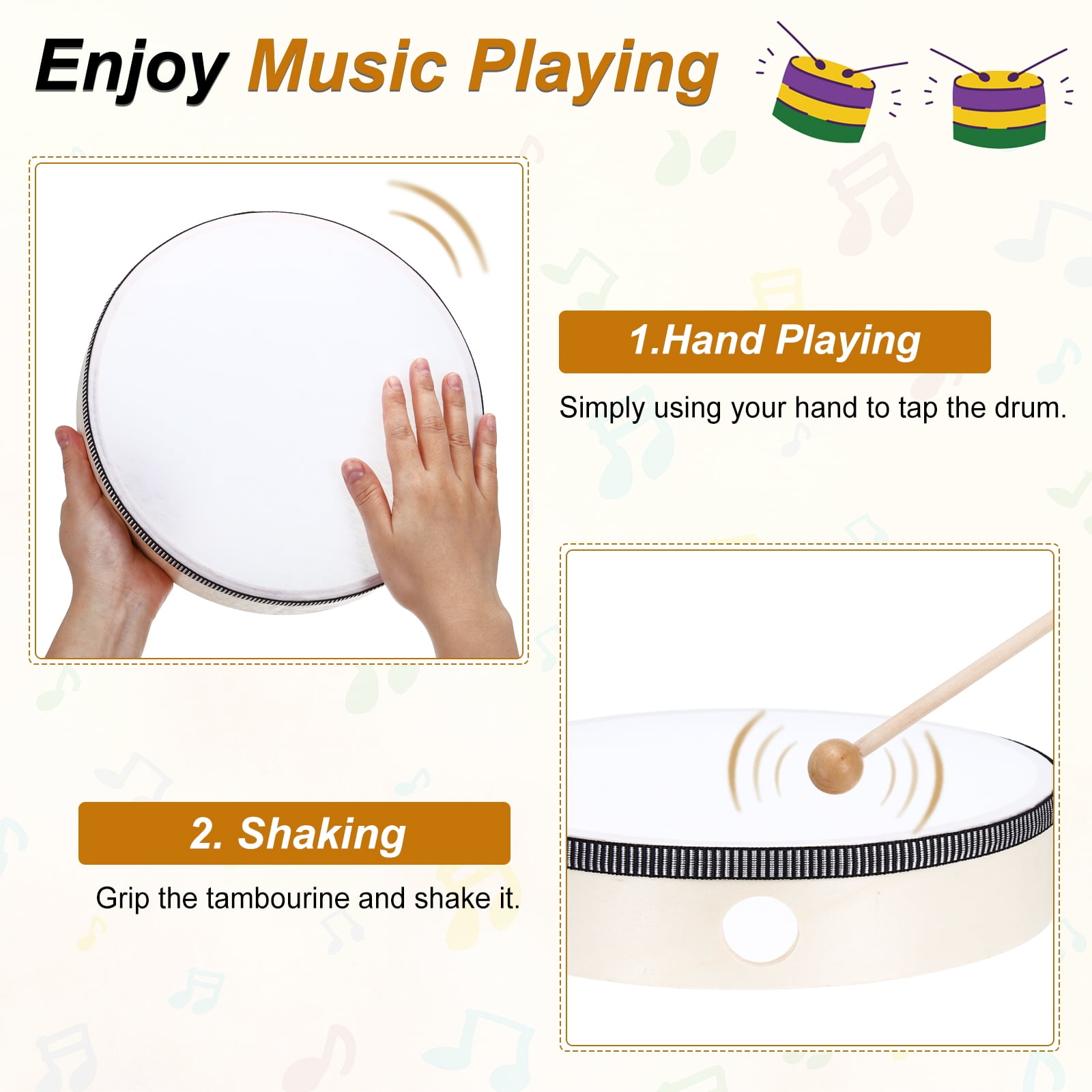 Uxcell 1 Pcs Hand Drum Music Percussion 10 Inch Wood Frame Drum Set Musical Instrument for Musical Education Home Party Performance Supplies (Wood Color)