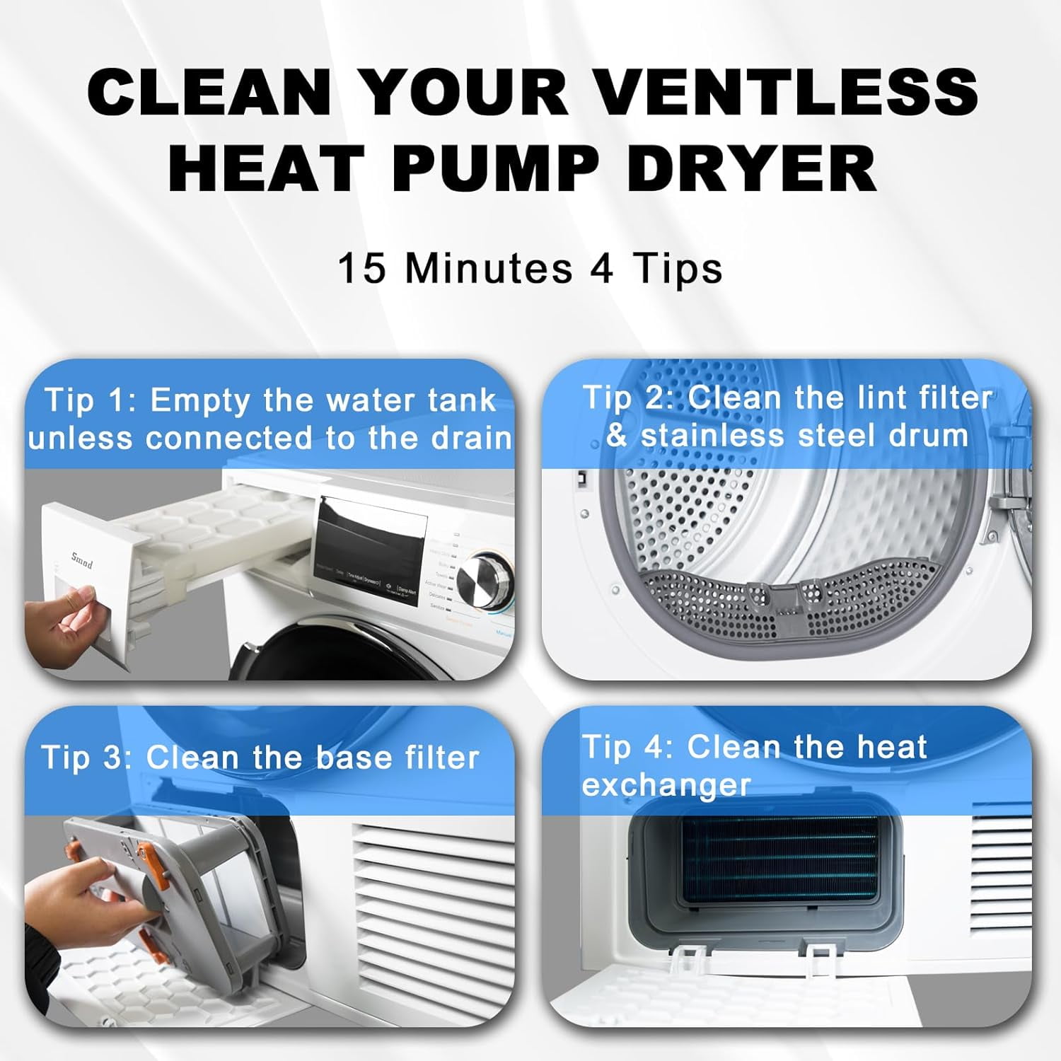 Smeta Ventless Heat Pump Front Load Clothes Dryer Electric 4.4 Cu ft Wrinkle Care, 10KG Load, 120V