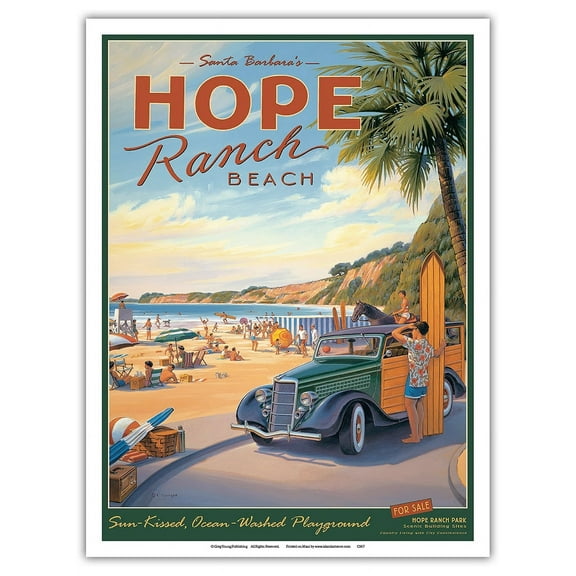 Santa Barbara’s Hope Ranch Beach - Sun-Kissed Ocean-Washed Playground - Vintage Travel Poster by Kerne Erickson - Master Art Print (Unframed) 9in x 12in