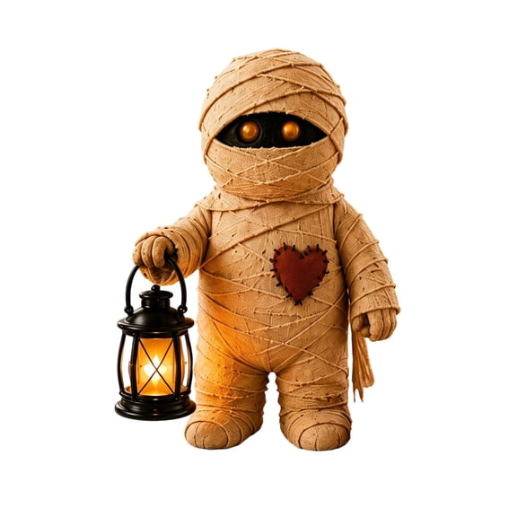 Light Up Mummy Figurine, Halloween Skeleton Decoration with Warm LED Lantern, Cute Spooky Collectible Statue for Indoor Tabletop, Mantel, Shelf, Desk and Party Decor