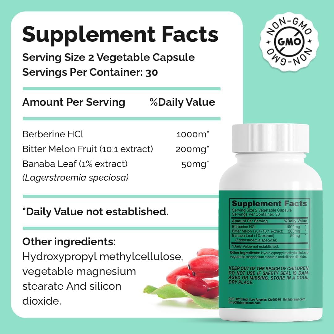 Thinbi Berberine Supplement 1000mg Weight Management, 60 Capsules