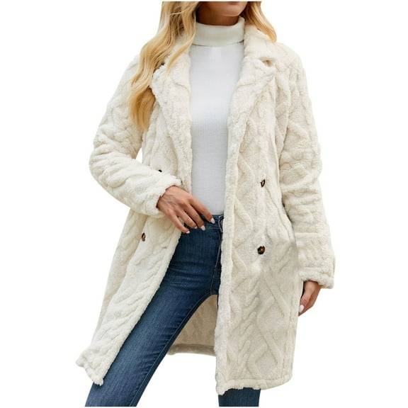 Lovskoo Fuzzy Fleece Winter Coats for Women Button Long Sleeve Hooded Plush Cardigan Plush Jacket Beige