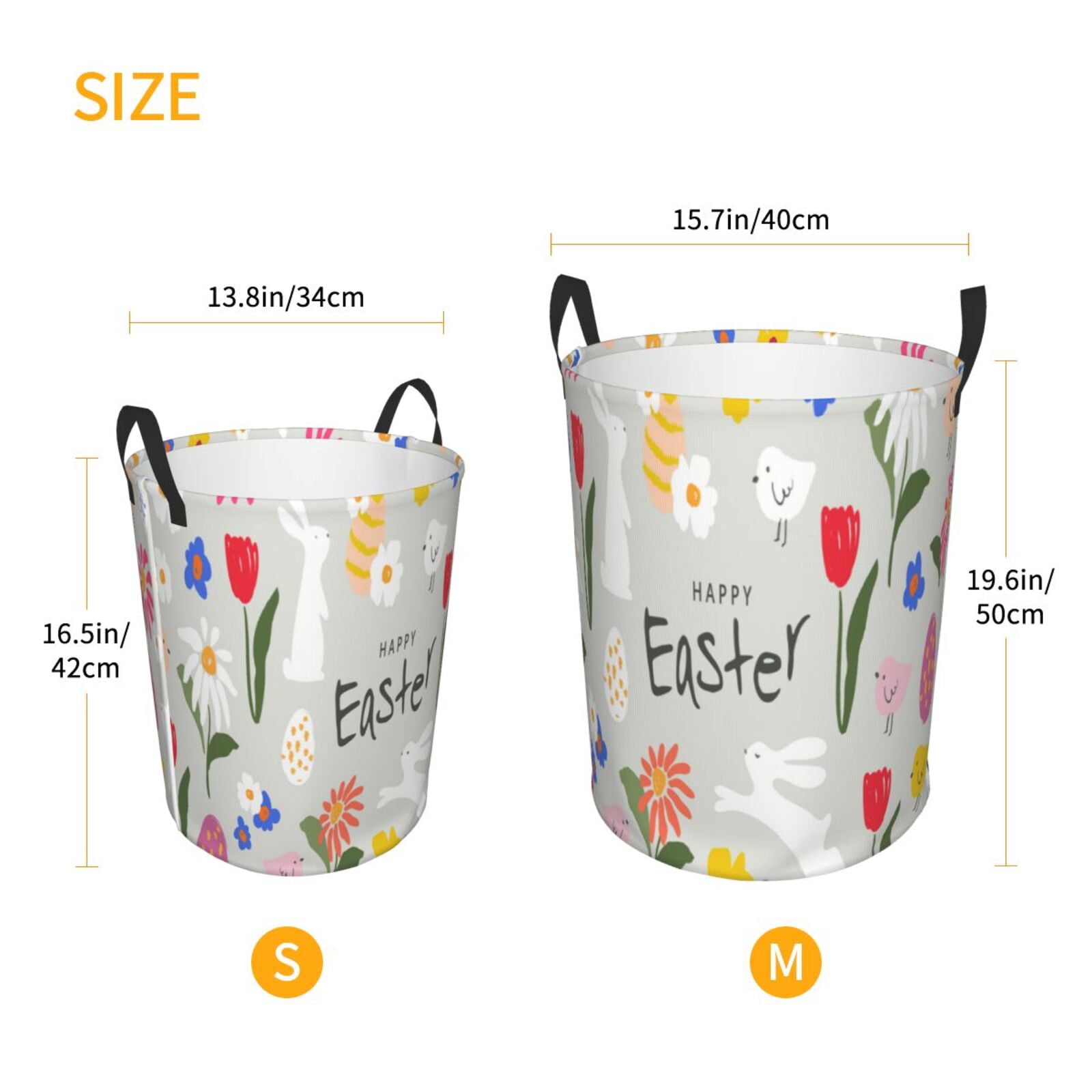 Gukieu Happy Easter Print Round Dirty Clothes Bag, Waterproof Standing Home Bathroom Storage Basket Car Trunk Storage Bag-Small