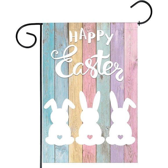 Drapeau de Jardin de Pâques Happy, Lapin, Planche en Bois Colorée, Déco d'Extérieur de Printemps, Drapeaux de Cour Lapin, Décoration de Ferme, Double Face 12x18 Po