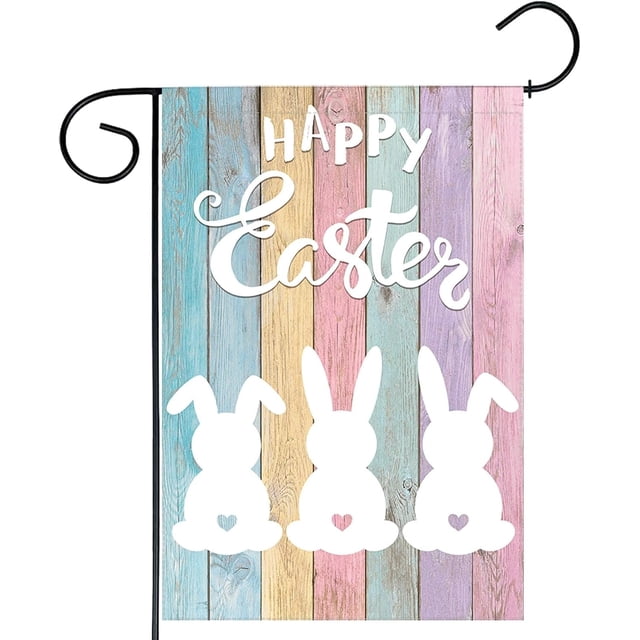 Happy Easter Bunny Wooden Board Garden Flag - 12x18" Colorful Spring Rabbit Farmhouse Yard Outdoor Decor Double Sided