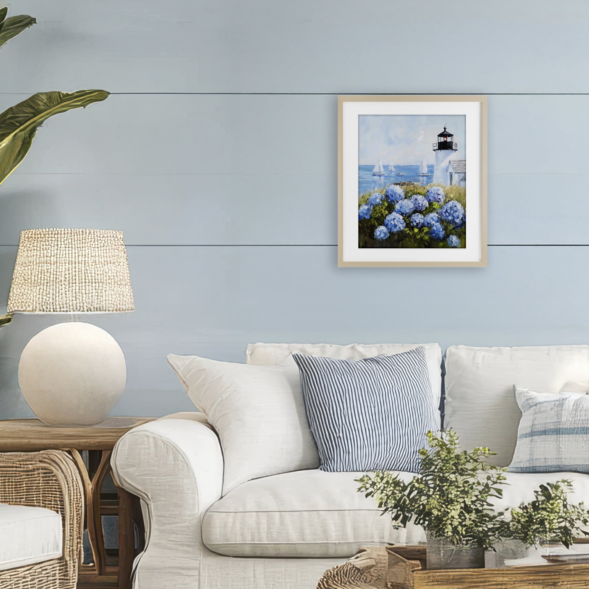 Stupell Industries Lighthouse Surrounded by Hydrangeas Birch Framed Print Under Glass, design by Arlington Prints