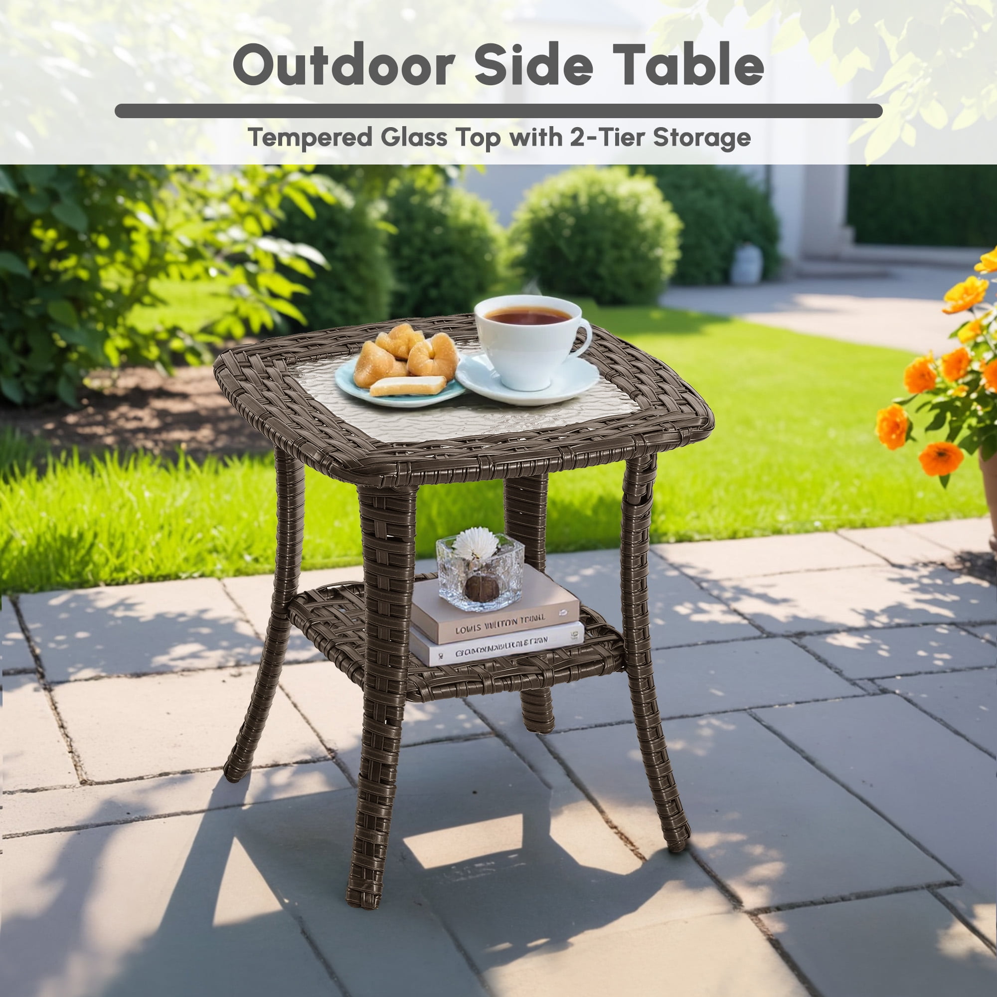 Ovios 7 Piece Outdoor Patio Furniture Set All-Weather Wicker Rattan Conversation Set with High Back Swivel Chairs & Propane Fire Pit Table, Beige