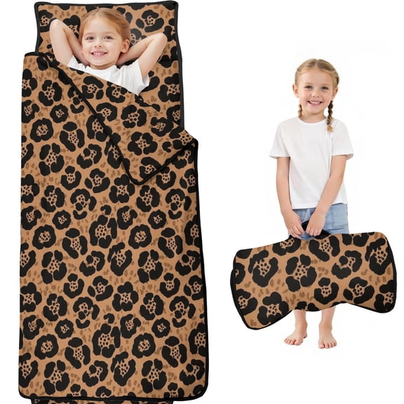 Black and Brown Leopard Print Teens Toddler Nap Mat with Pillow, Sleeping Mat Bag for Preschool Daycare 59"x22"