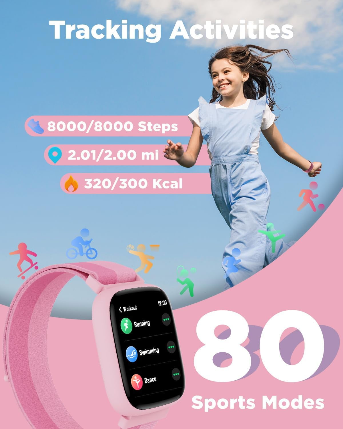 BIGGERFIVE Smart Watch for Kids, 1.8" Fitness Tracker Watch Pedometer, Sleep Monitor, IP68 Waterproof, Calorie Step Counter, Puzzle Game with/Without APP for Girls Teens 5-16,