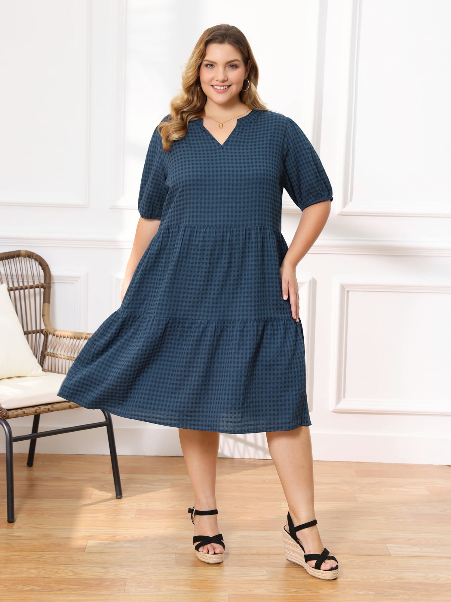 DARING DIVA Women's Plus Notch Neck Plaid Puff Sleeve Tiered Midi Dress 3X Navy Blue