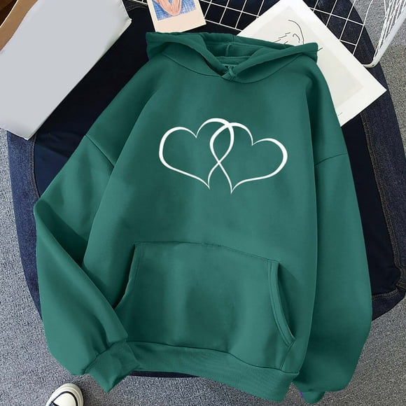 EGNMCR Womens Oversized Hoodies Valentine's Day Heart Print Pullover Tops Drawstring Long Sleeve Sweatshirts Casual Fall Clothes with Pocket on Clearance
