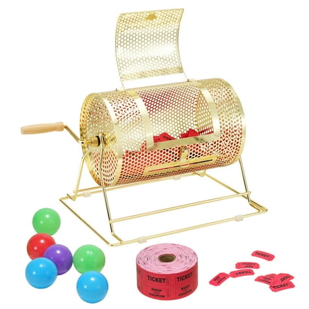 VEVOR Raffle Drum,Holds 2500 Tickets or 100 Ping Pong Balls,Metal Lottery Spinning Drawing with Wooden Turning Handle,11.6 x Ø7.48 inch Brass Plated Raffle Ticket Spinning Cage, for Bingo Ballot Pa