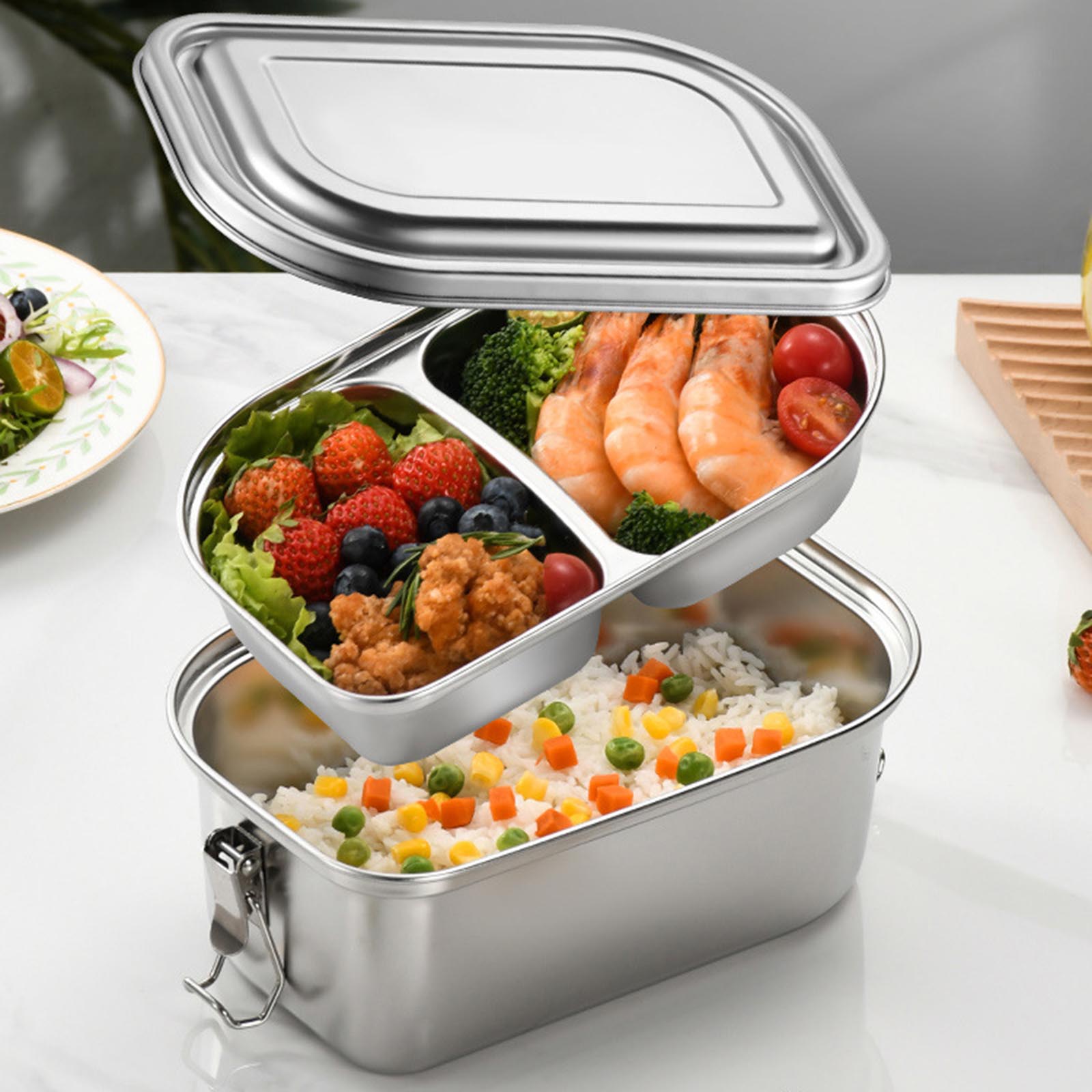RABBITH Double-Layer Lunch Box Sealed And Leak-Proof Bento Box Stainless Steel Rectangular Food Storage Container Easy to Clean