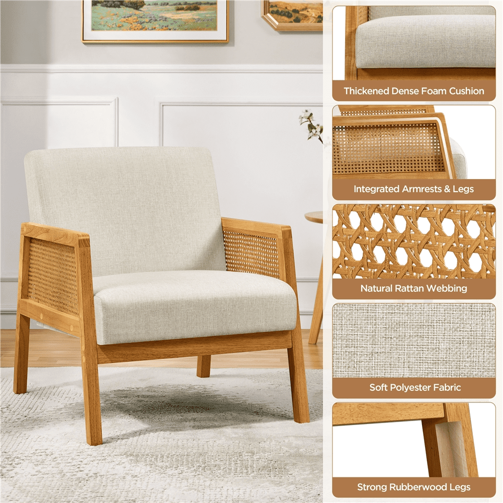 Renwick Fabric Upholstered Accent Chair with Rattan Sides for Living Rooms,Beige