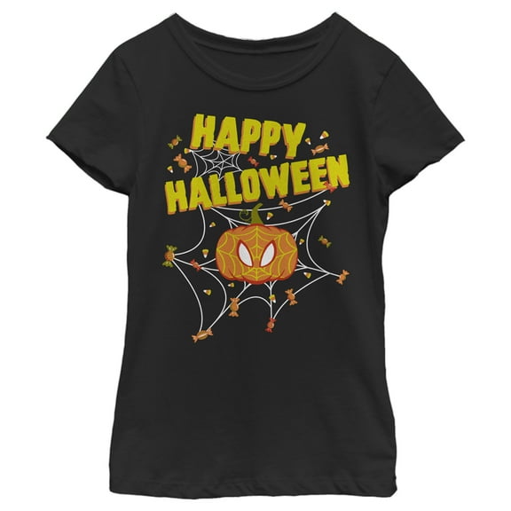 Girl's Marvel Spider-Man Jack-O'-Lantern Happy Halloween  Graphic Tee Black Medium
