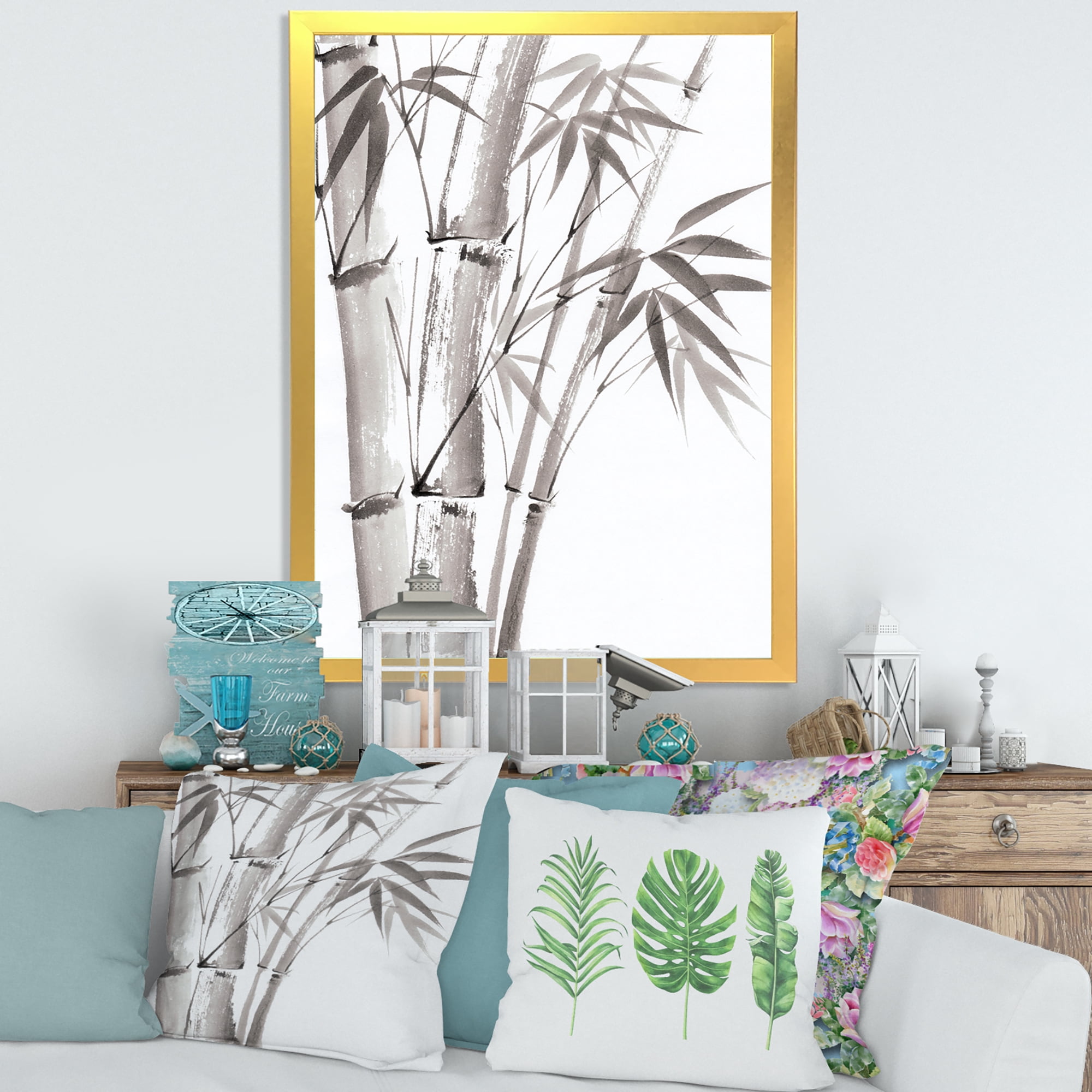 Designart 'Palm Bamboo Detail On White III' Traditional Framed Art Print