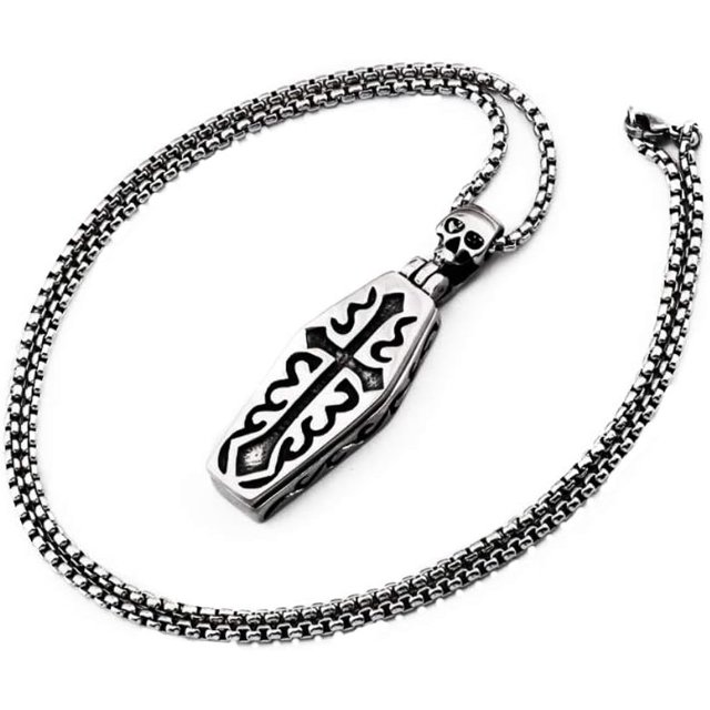 Collar con colgante de ataúd de calavera con cruz DIY con apertura magnética, collar de lana de calavera, colgante con medallón, joyería de Halloween punk vintage oscura, regalo para hombres