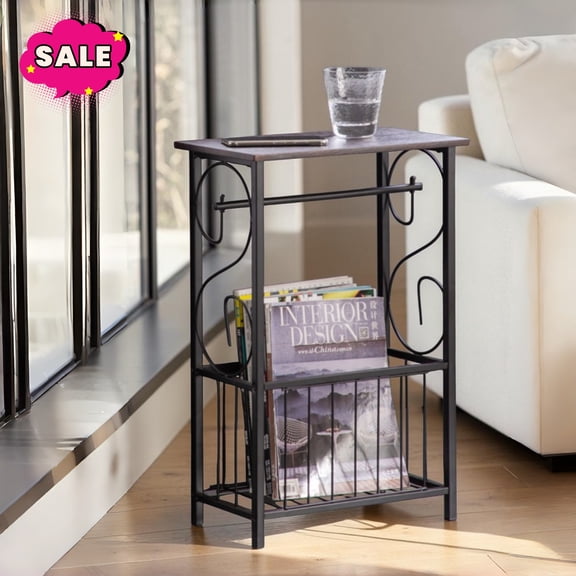 GZXS Narrow Side Table, Toilet Paper Holder Stand with Magazine Basket, Multifunctional End Table for Living Room, Bedroom, Space Saving, Black
